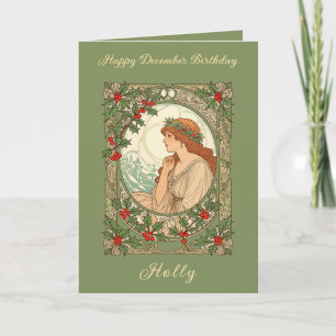 Tarjeta Cumpleaños de diciembre Holly Berries Art Nouveau