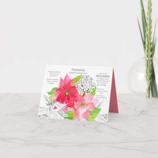 Tarjeta Cumpleaños de diciembre Poinsettia Narcissus Mes d (Anverso)