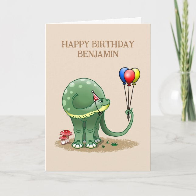Tarjeta Cumpleaños de dinosaurio con globos (Anverso)