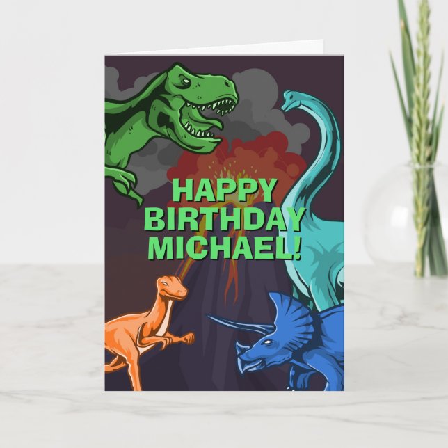 Tarjeta Cumpleaños de dinosaurio para niños personalizable (Anverso)