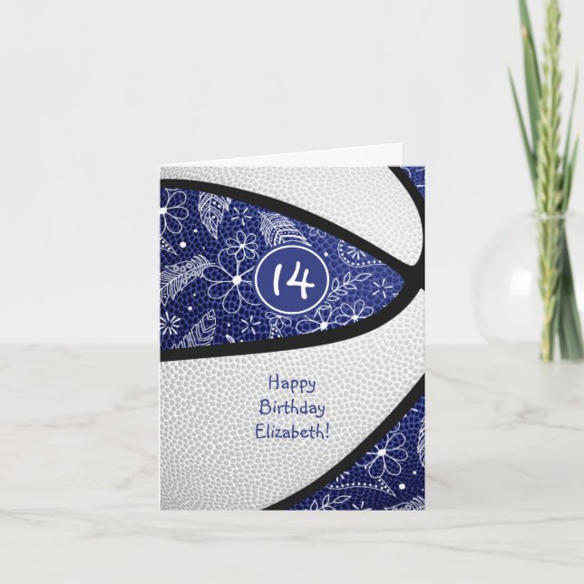 Tarjeta cumpleaños de doodle plumas azules de baloncesto c (Anverso)