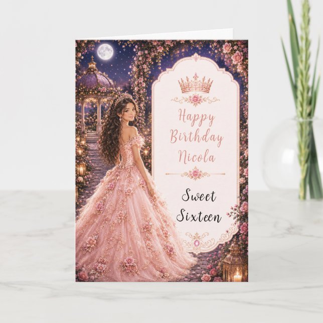 Tarjeta Cumpleaños de Dulces Dieciséis con Brillo Lunar Ro (Anverso)