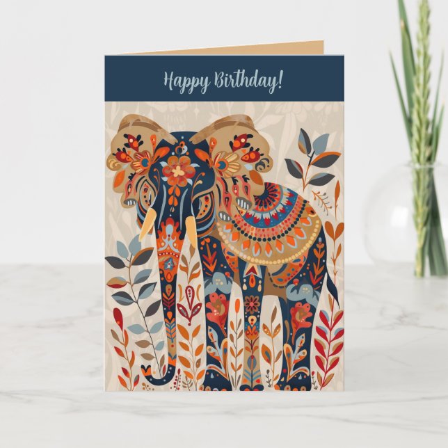 Tarjeta Cumpleaños de elefante de arte popular editable (Anverso)