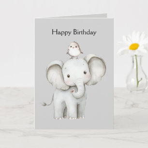 Tarjeta Cumpleaños de Elefante y Pájaro