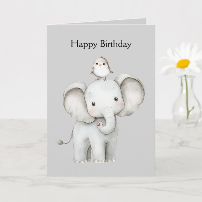 Tarjeta Cumpleaños de Elefante y Pájaro (Planta pequeña)