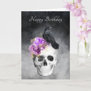 Tarjeta Cumpleaños de Elegante Cráneo Gótico Cuervo Rosas