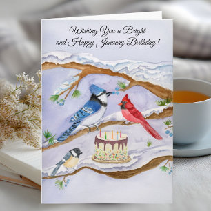 Tarjeta Cumpleaños de enero con pájaros de jardín y pastel