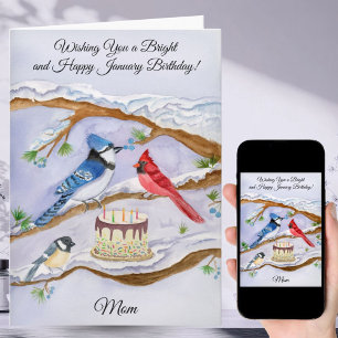 Tarjeta Cumpleaños de enero con pájaros de patio trasero y