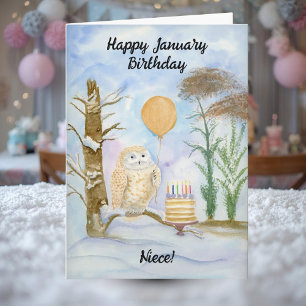 Tarjeta Cumpleaños de Enero Feliz Sobrina Torta de Búho