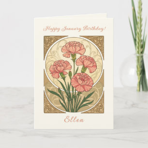 Tarjeta Cumpleaños de Enero Flores de Clavel Rosa Art Nouv