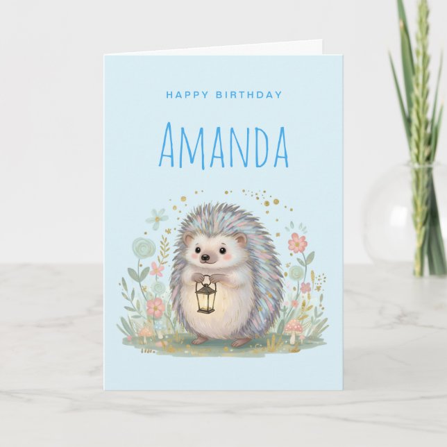 Tarjeta Cumpleaños de erizo lindo con linterna (Anverso)