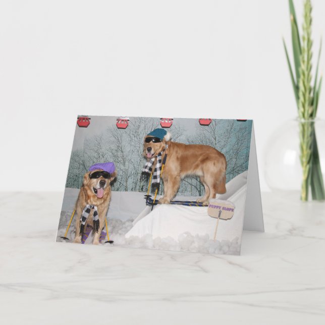 Tarjeta Cumpleaños de esquí del golden retriever (Anverso)