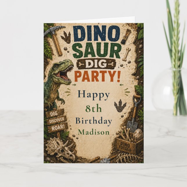 Tarjeta Cumpleaños de excavación de dinosaurios (Anverso)