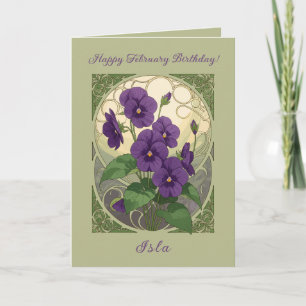 Tarjeta Cumpleaños de Febrero Flores de Viola Estilo Art N