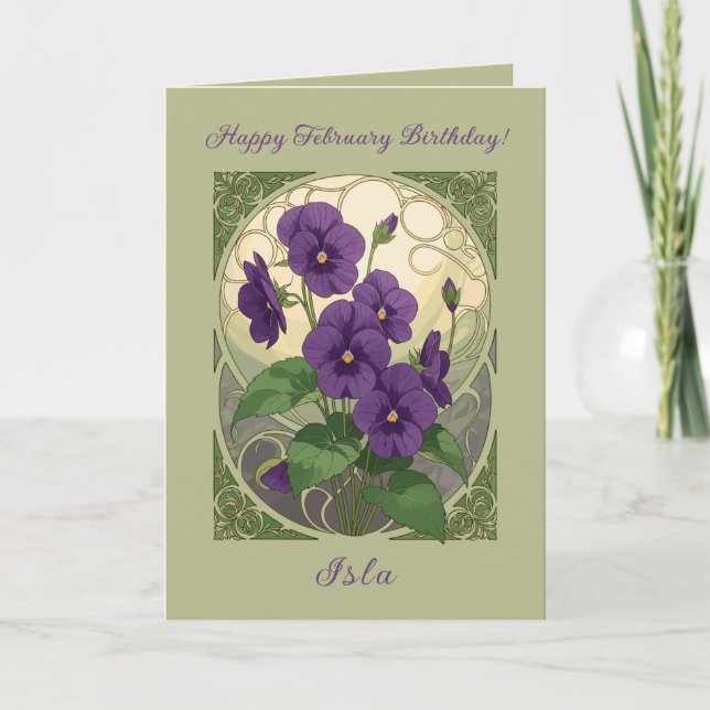 Tarjeta Cumpleaños de Febrero Flores de Viola Estilo Art N (Anverso)