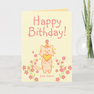 Tarjeta Cumpleaños de Flor Brillante&Gato Lindo con Sombre