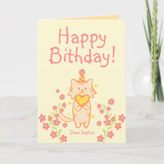 Tarjeta Cumpleaños de Flor Brillante&Gato Lindo con Sombre
