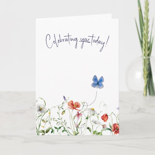 Tarjeta Cumpleaños de flor silvestre con mariposa (Anverso)