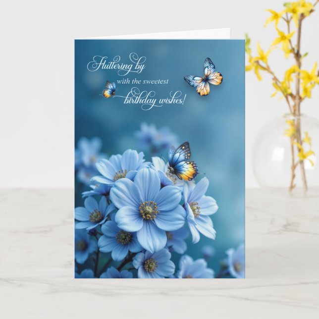 Tarjeta Cumpleaños de Flores Azules y Mariposas Revolotean (flor amarilla)