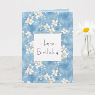 Tarjeta Cumpleaños de flores blancas bonitas azul cielo