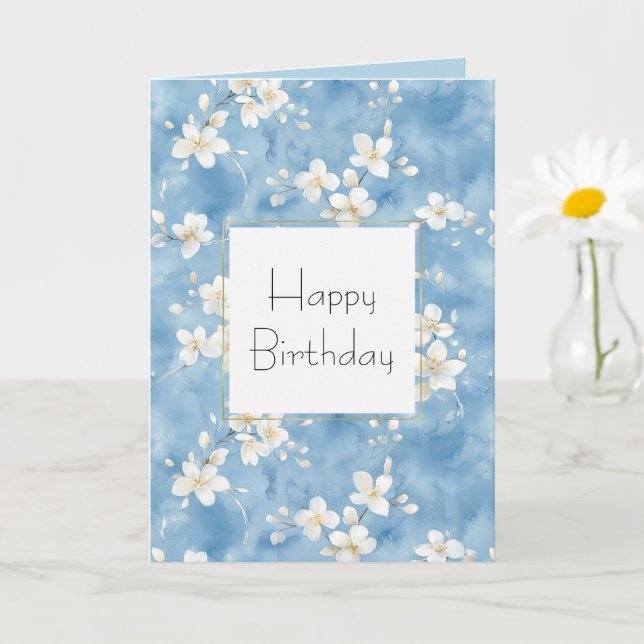Tarjeta Cumpleaños de flores blancas bonitas azul cielo (Planta pequeña)
