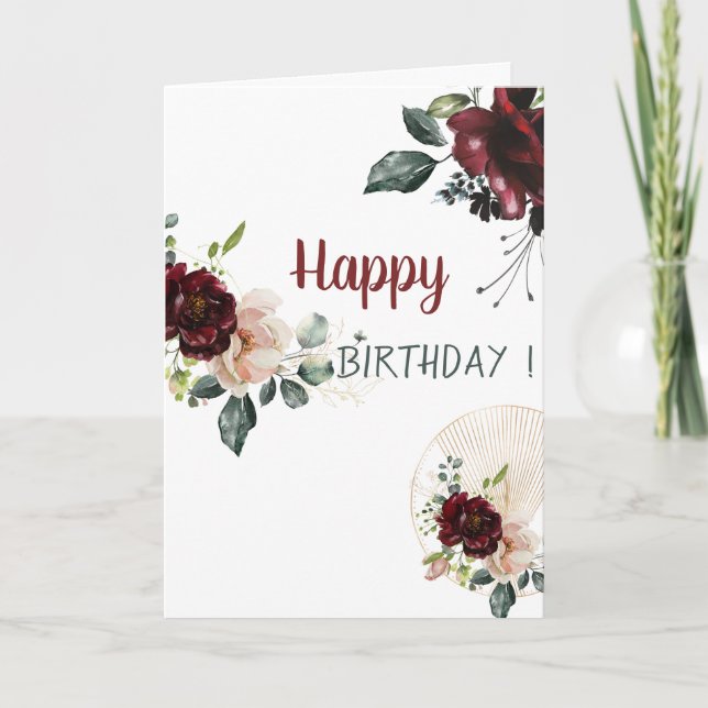 Tarjeta Cumpleaños de flores de burdeos en acuarela adorab (Anverso)