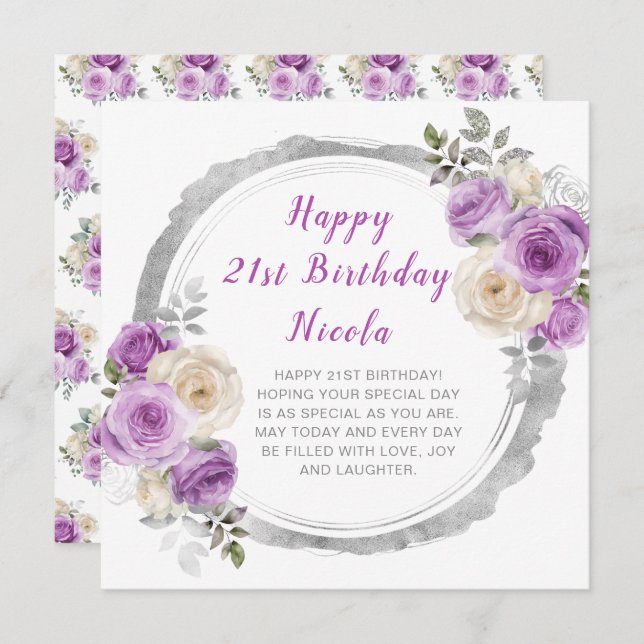 Tarjeta Cumpleaños de flores elegantes de púrpura y plata (Anverso / Reverso)