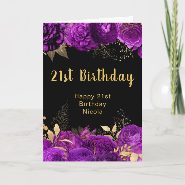 Tarjeta Cumpleaños de flores moradas y doradas elegantes (Anverso)