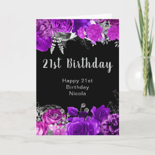 Tarjeta Cumpleaños de flores moradas y plateadas elegantes