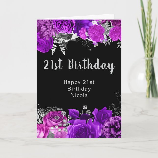 Tarjeta Cumpleaños de flores moradas y plateadas elegantes (Anverso)