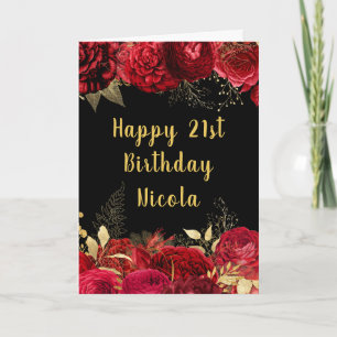 Tarjeta Cumpleaños de flores rojas y doradas elegantes