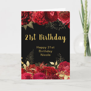 Tarjeta Cumpleaños de flores rojas y doradas elegantes