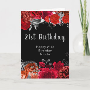 Tarjeta Cumpleaños de flores rojas y plateadas elegantes