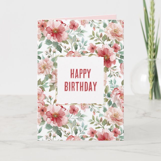 Tarjeta Cumpleaños de flores rosadas rojas (Anverso)