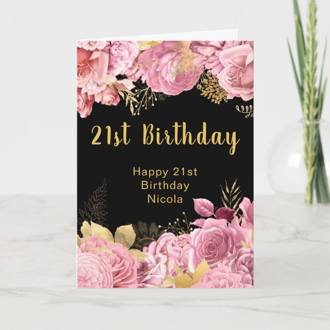 Tarjeta Cumpleaños de flores rosadas y doradas elegantes (Anverso)