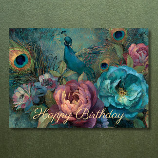 Tarjeta Cumpleaños de flores y plumas de pavo real boho
