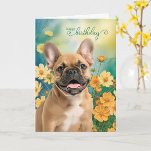Tarjeta Cumpleaños de French Bulldog Tiny Orange Cosmos