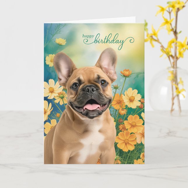 Tarjeta Cumpleaños de French Bulldog Tiny Orange Cosmos (flor amarilla)