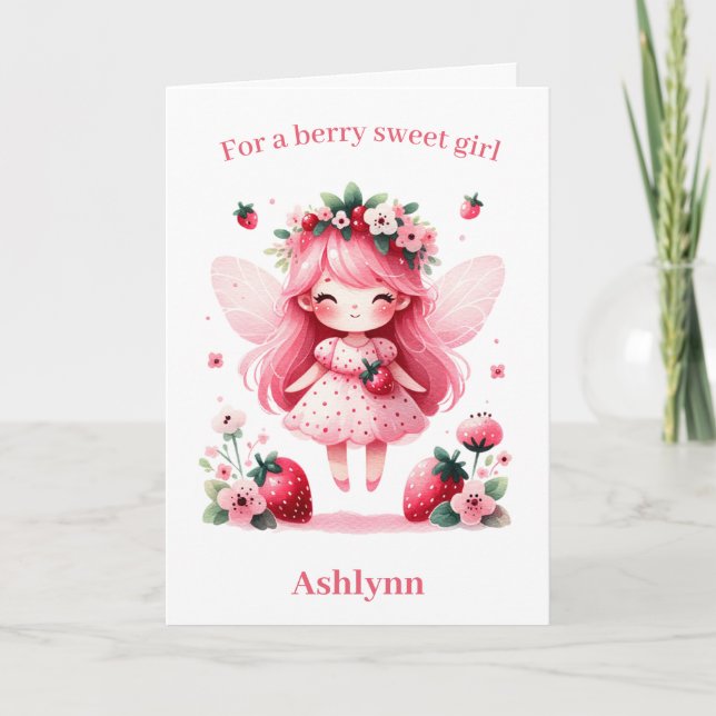 Tarjeta Cumpleaños de fresa rosa Fairy Berry (Anverso)