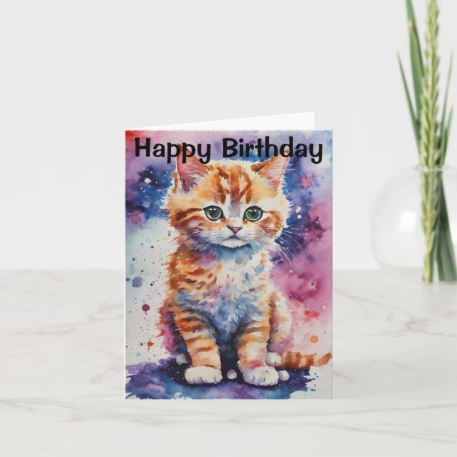 Tarjeta Cumpleaños de gatito ginger a la acuarela (Anverso)