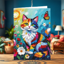 Tarjeta Cumpleaños de gato colorido, flores y mariposa