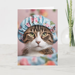 Tarjeta Cumpleaños de gato con gorra de ducha