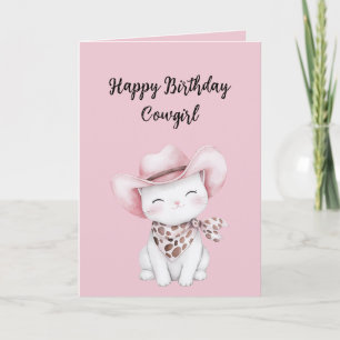 Tarjeta Cumpleaños de gato con sombrero de vaquera rosa
