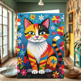 Tarjeta Cumpleaños de gato de arte popular boho, flores y