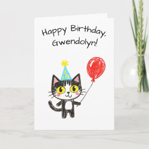 Tarjeta Cumpleaños de gato esmoquin estilo arte infantil