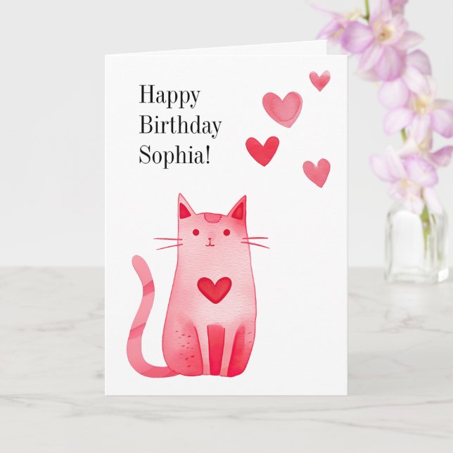 Tarjeta Cumpleaños de Gato Gatito Gatito Pink Hearts (Orquídea)