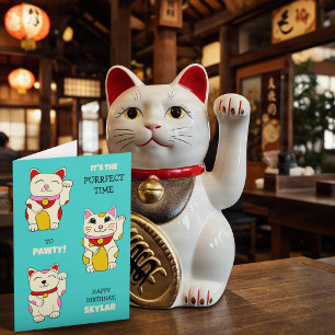 Tarjeta Cumpleaños de gato Maneki Neko japonés lindo