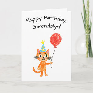 Tarjeta Cumpleaños de gato naranja al estilo arte infantil