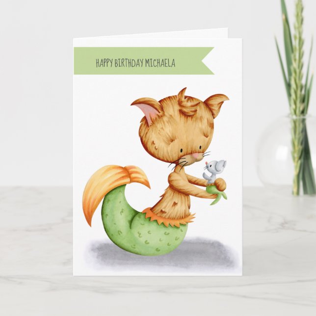 Tarjeta Cumpleaños de gato ratón sirena encantador y capri (Anverso)