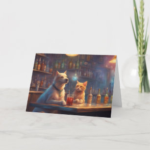 Tarjeta Cumpleaños de gato y perro en un bar hablando las 